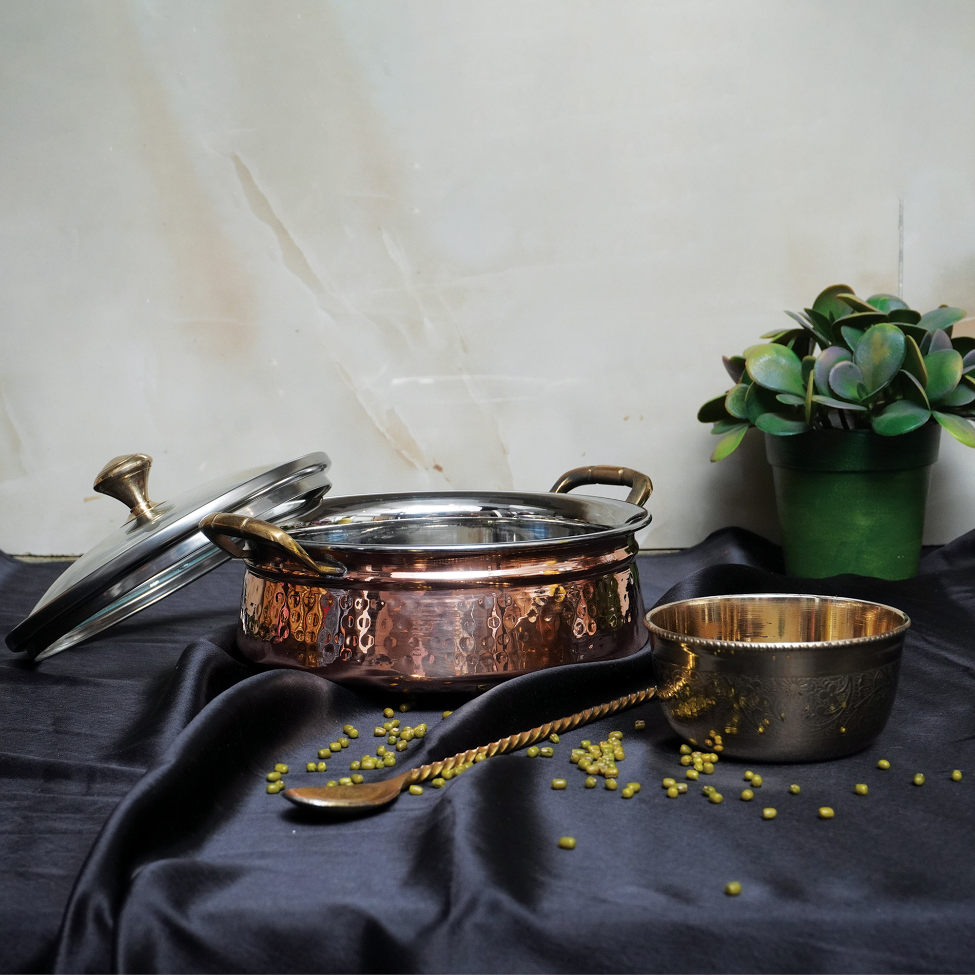 Steel Copper Handi with Glass Lid & Brass Handle