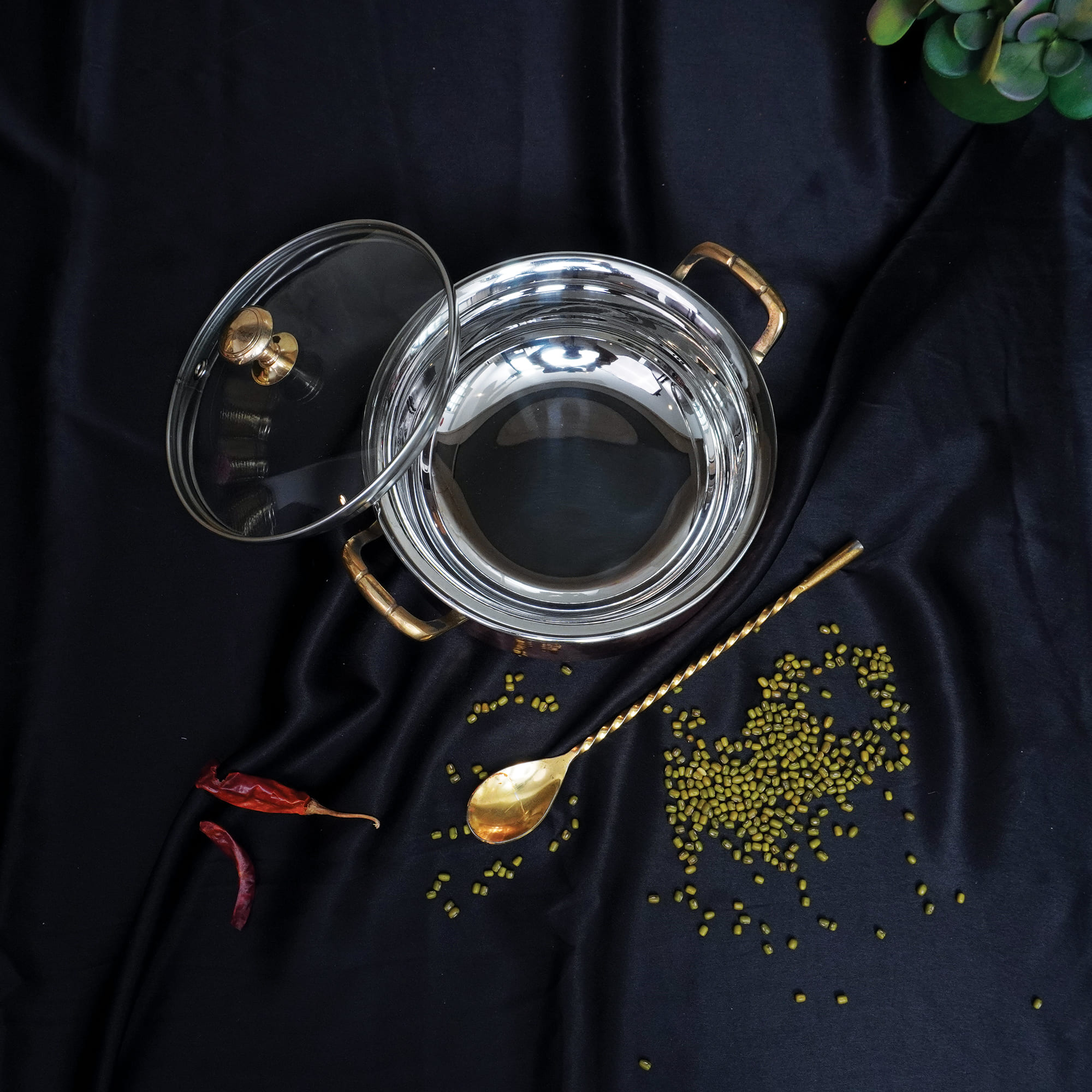 Steel Copper Handi with Glass Lid & Brass Handle