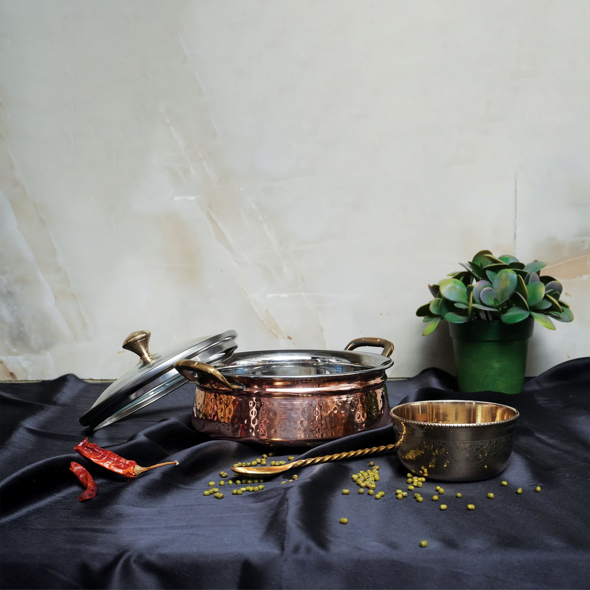 Steel Copper Handi with Glass Lid & Brass Handle