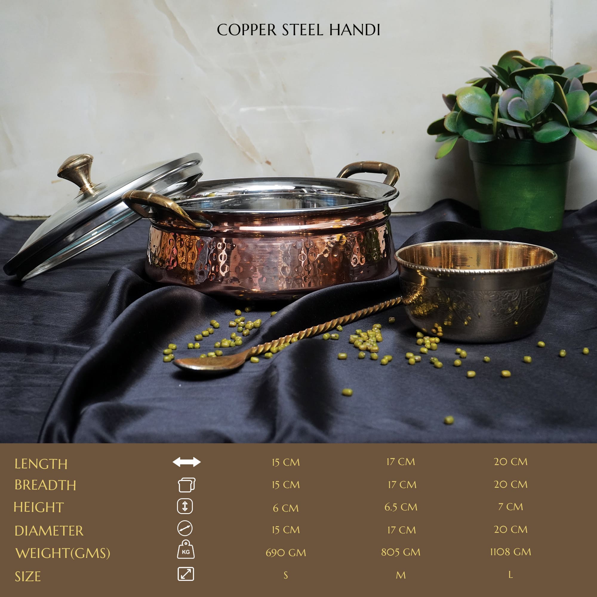 Steel Copper Handi with Glass Lid & Brass Handle