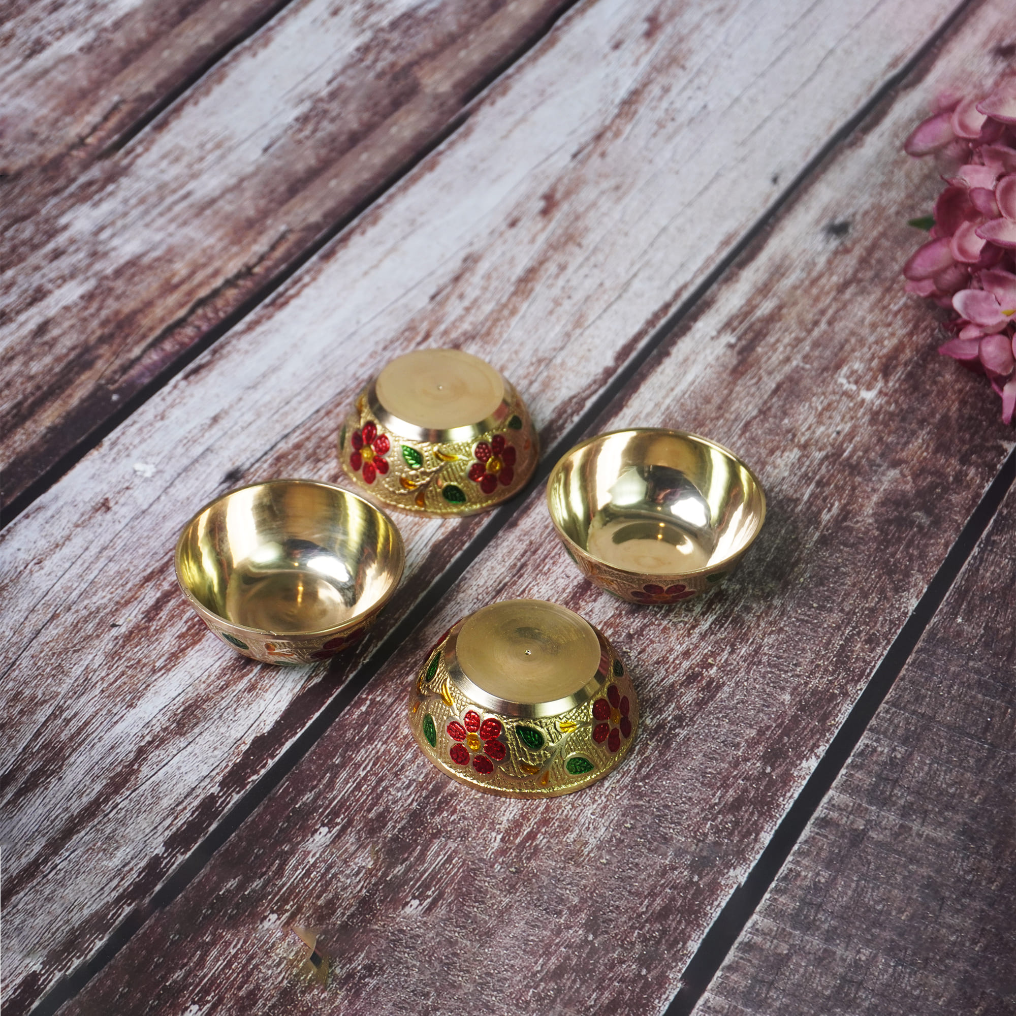 Elegant Brass Bowl Set with Floral Meena Design Small- 100ml