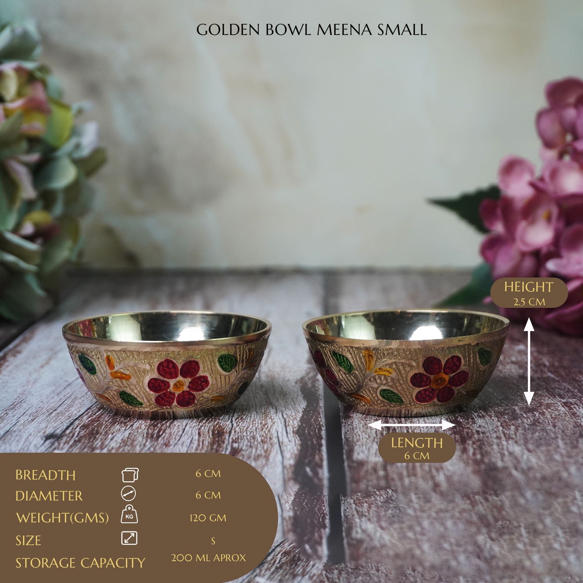 Elegant Brass Bowl Set with Floral Meena Design Small- 100ml
