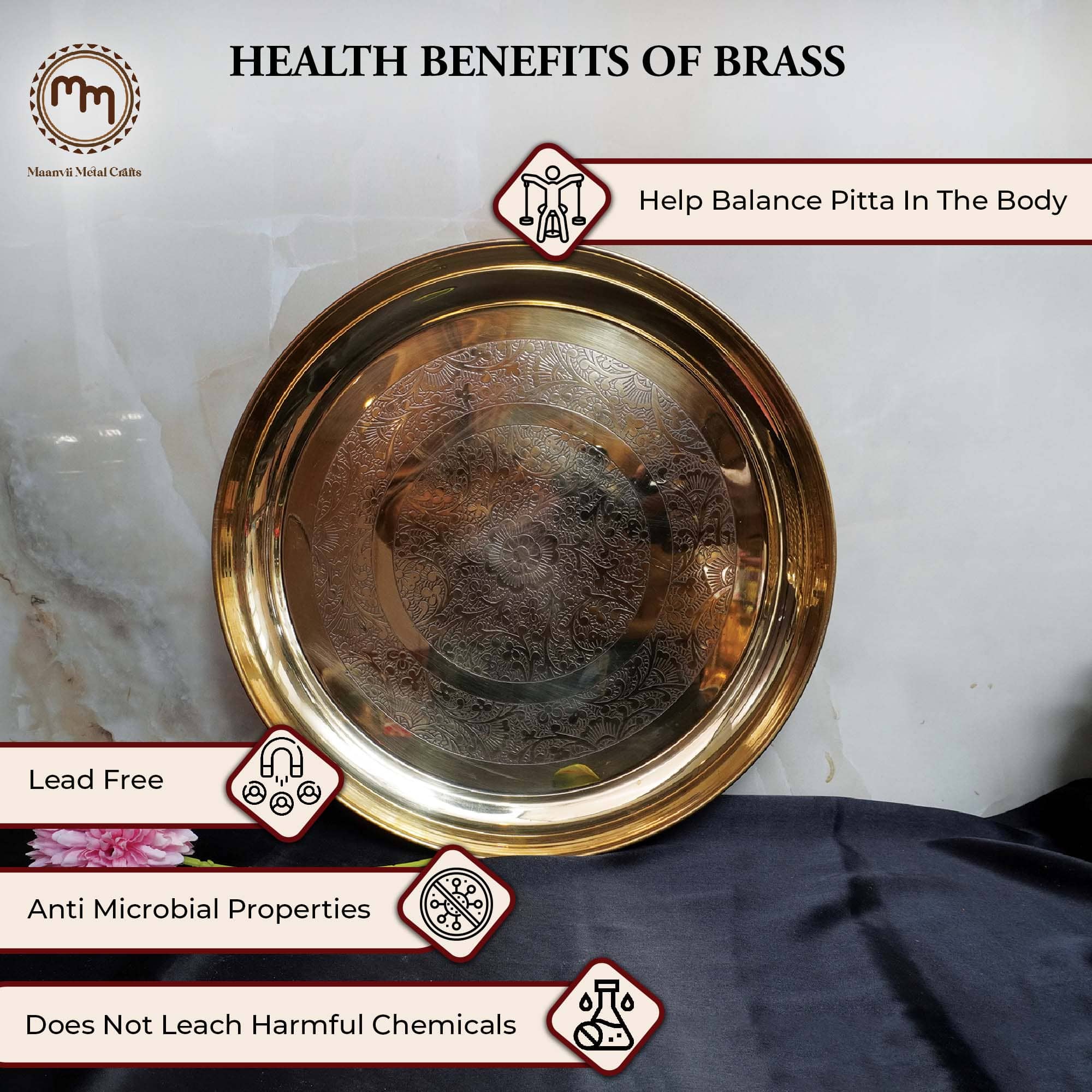 Royal Pure Brass Embossed Floral Plate