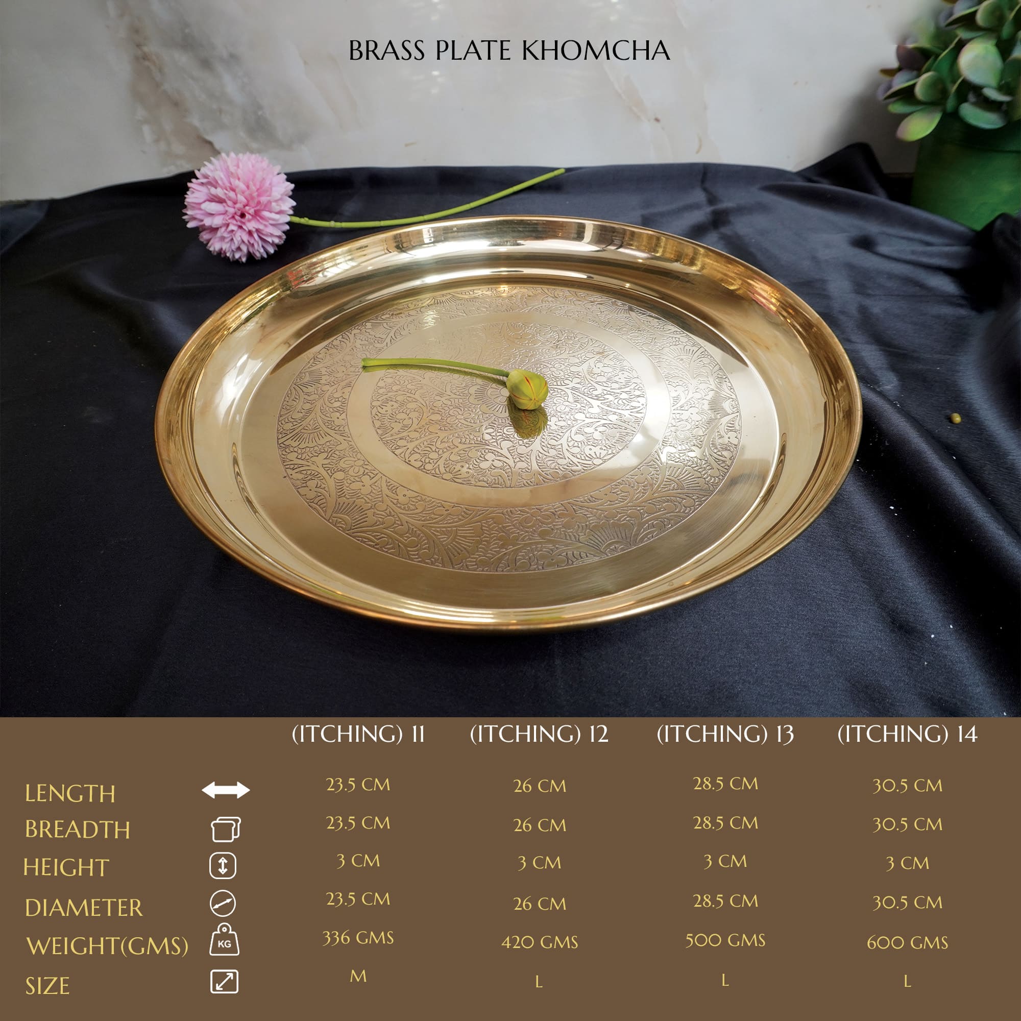 Royal Pure Brass Embossed Floral Plate