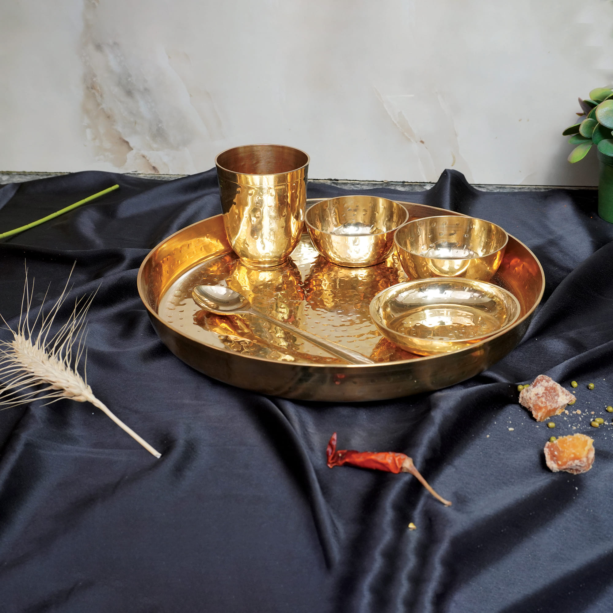 Handmade Brass Hammered Thali Set